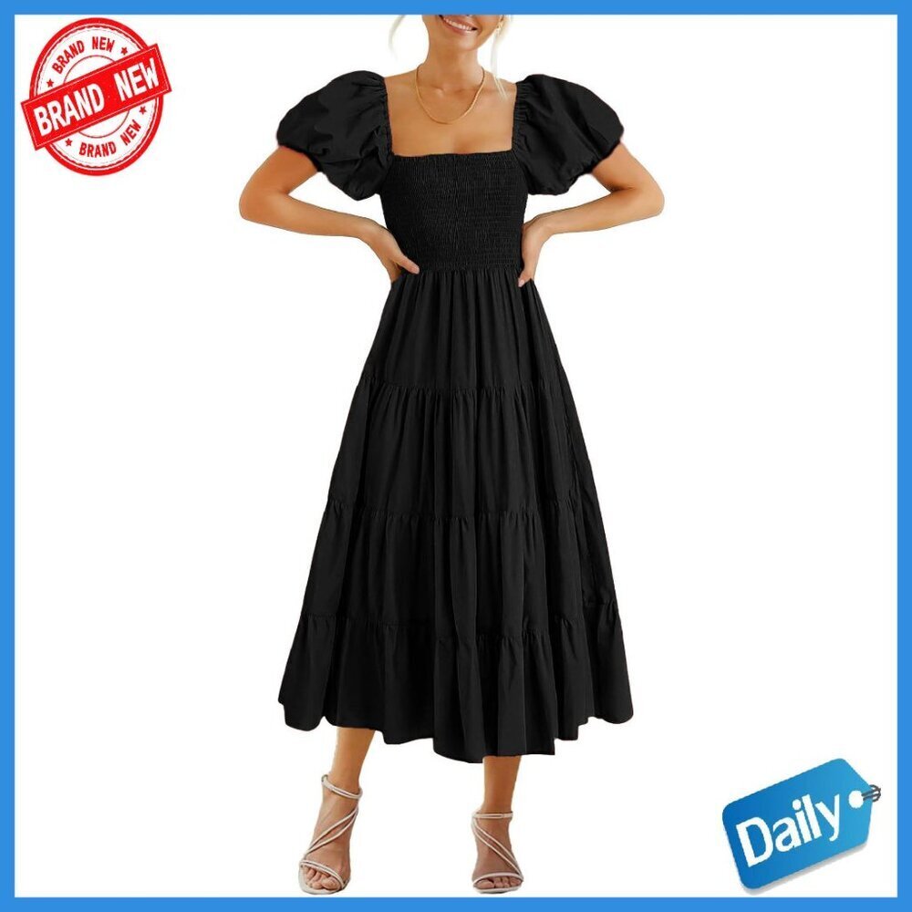 Women's Smocked Maxi Dress Square Neck Puffy Sleeve Flowy Midi